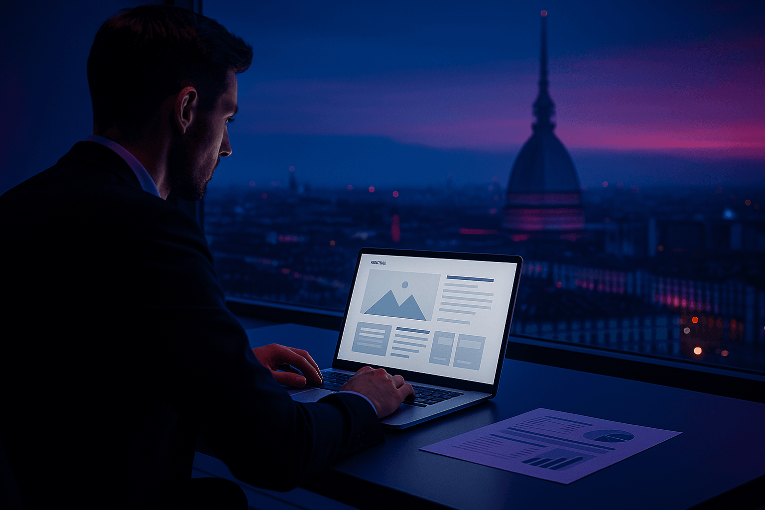 Uomo al computer con vista sulla Mole Antonelliana di sera